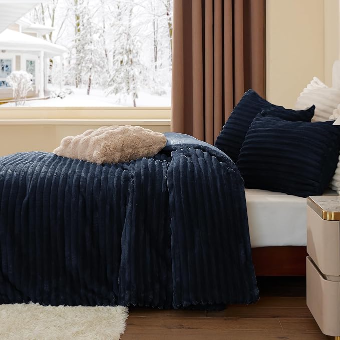 BEDELITE Fleece Oversized Queen Comforter Set -Super Soft & Warm Fluffy Navy - Image 4