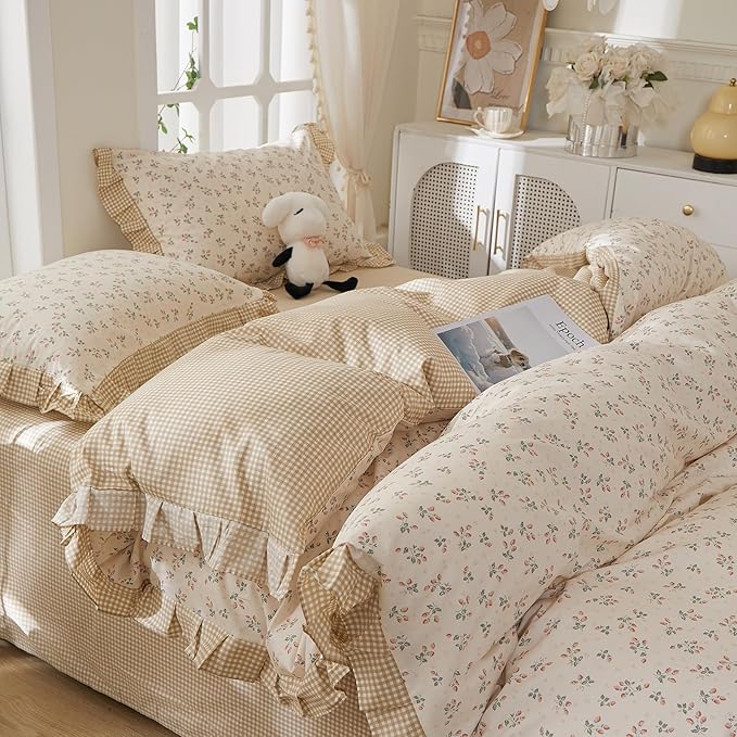mixinni Beige Floral Duvet Cover Full Size, 100% Cotton Cute Strawberry Floral - Image 4