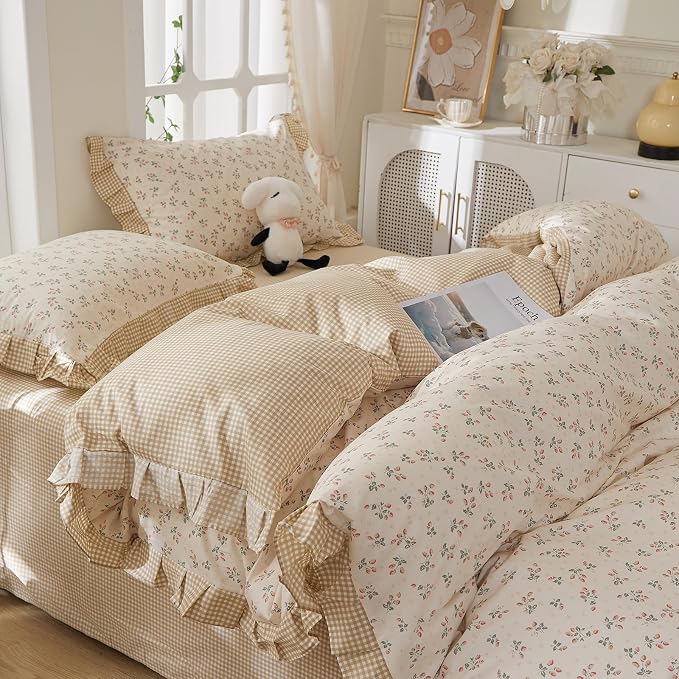mixinni Beige Floral Duvet Cover Queen Size, 100% Cotton Cute Strawberry Floral - Image 4