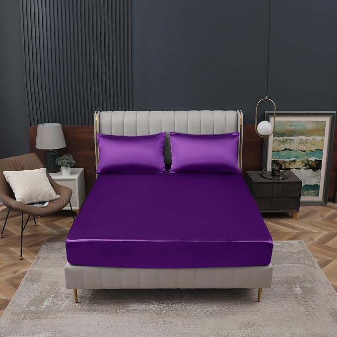 Homiest Purple Satin Fitted Sheet King Size, Deep Pocket, Luxury & Ultra Soft - Image 2