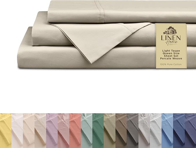 Linen Home 100% Cotton Percale Sheets Queen Size, Light Taupe, Deep Pocket by LINENHOME