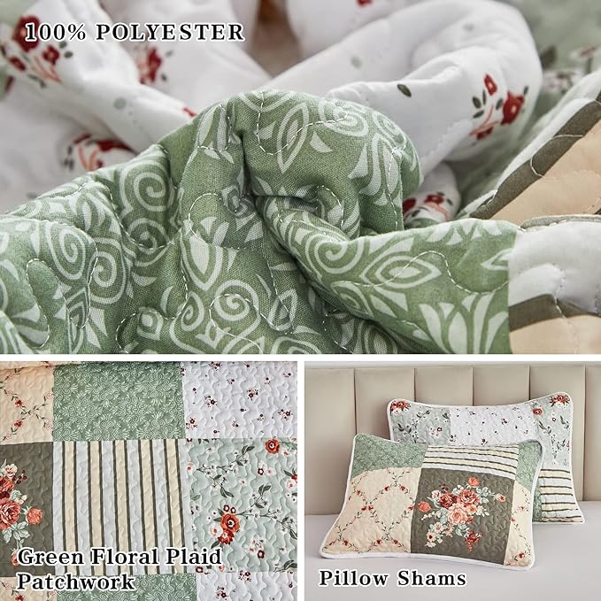 Patchwork Quilt Set Full/Queen Size, 3 Pieces Green Floral Plaid Summer - Image 5
