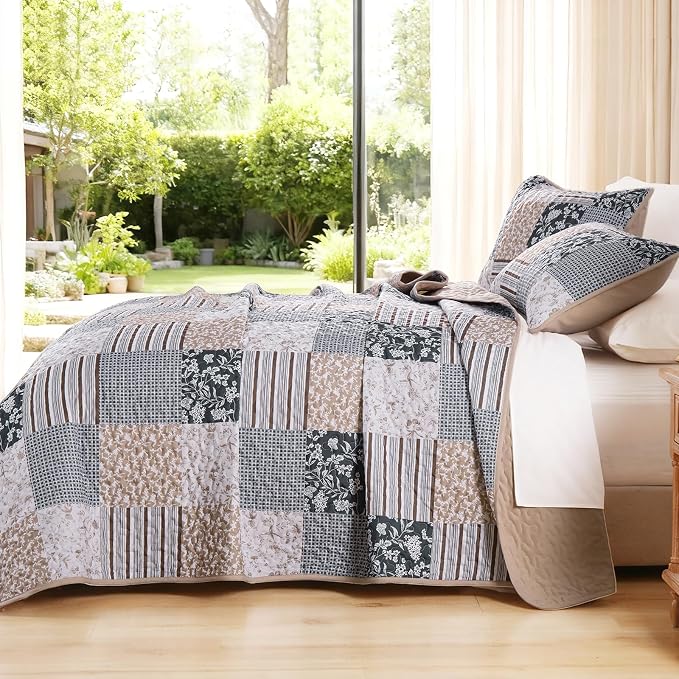 Mybedsoul Patchwork Quilt Set Queen Size, 3 Pieces Blue Brown Floral Plaid - Image 3
