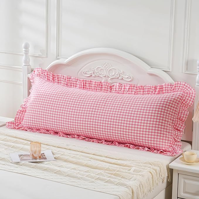 Pink/White Gingham Body Pillow Sham 20x54 inches, 100% Washed Cotton Ruffled by Qilunn