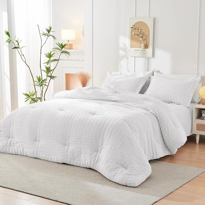 HYMOKEGE White California King Comforter Set Seersucker 7 Pieces, All Season - Image 8