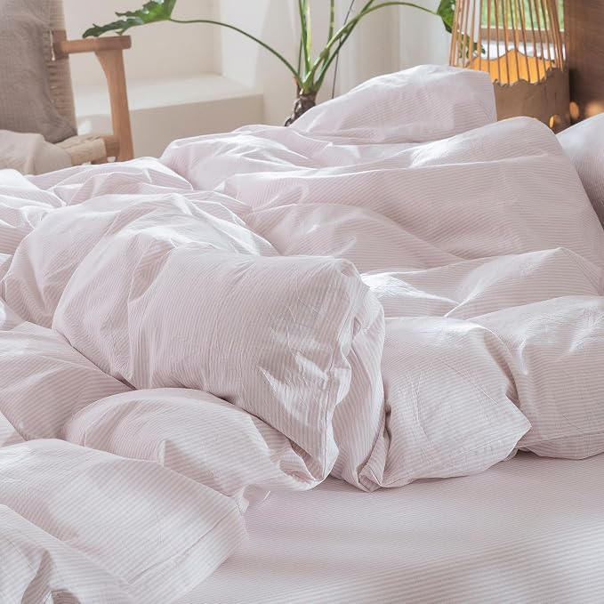 MooMee Striped Duvet Cover Set 100% Washed Cotton Linen Like Textured - Image 9