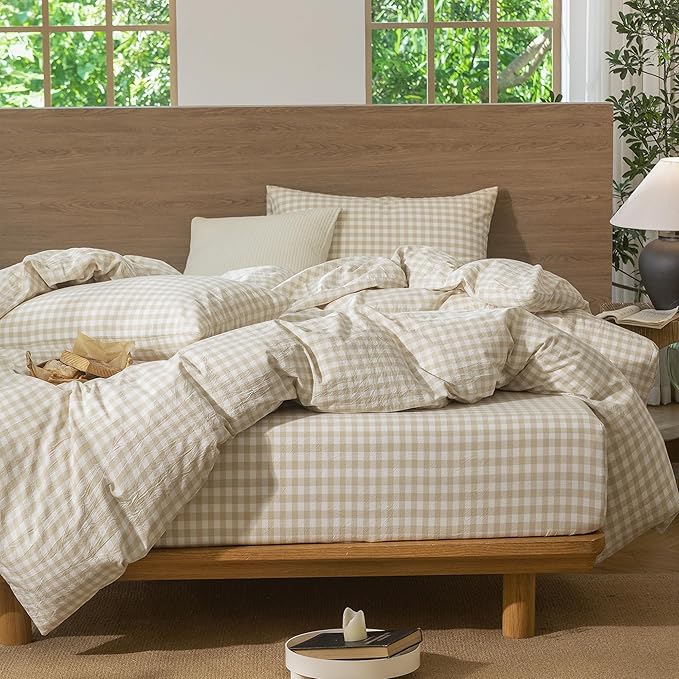 MooMee Gingham Duvet Cover Set 100% Washed Cotton Linen Like Textured - Image 5