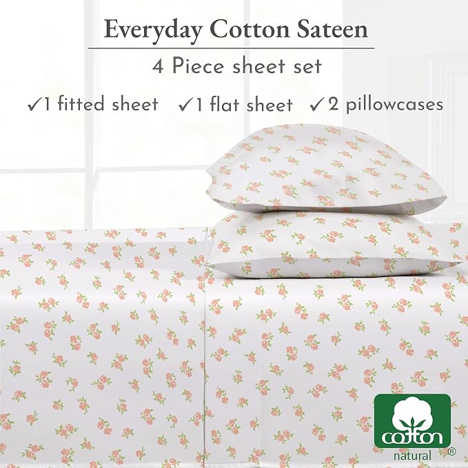 California Design Den King Floral Sheet Set, 100% Cotton Sateen Sheets - Image 6