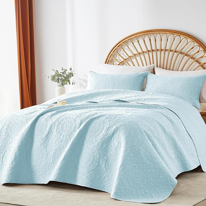 WURUIBO Sky Blue Quilt Set Twin Size, Embossing Microfiber Bedspreads - Image 7