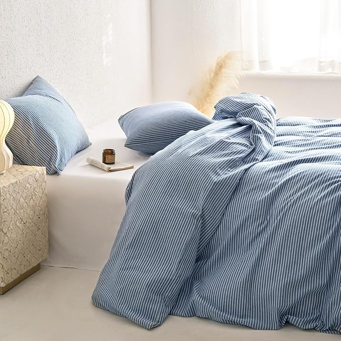 Wake In Cloud - Striped Cotton Duvet Cover Set, 100% Washed Cotton Textured - Image 5