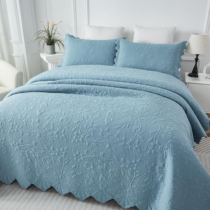 Brandream Luxury 100% Cotton Quilt Set Queen Size Blue Floral Vine Matelasse - Image 6