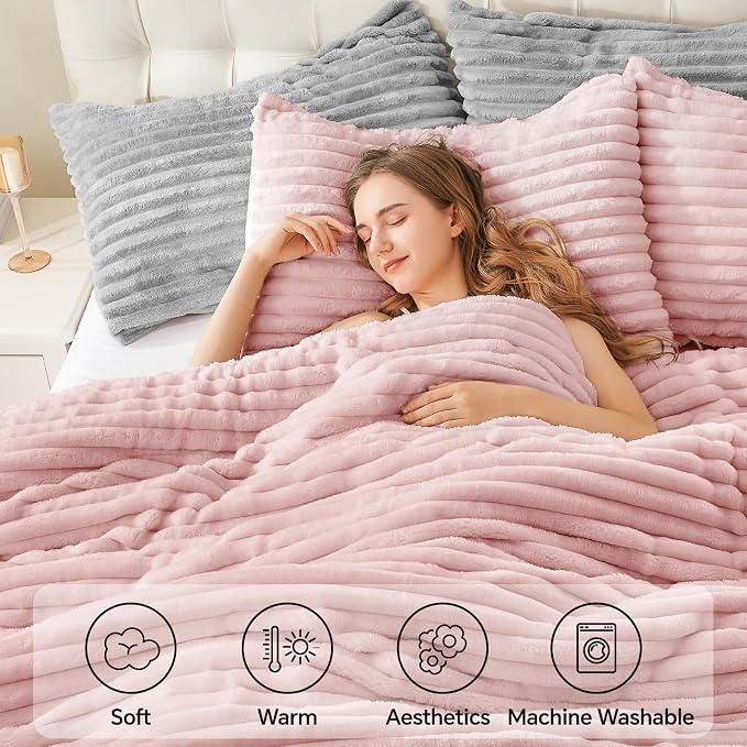 BEDELITE Fleece King Comforter Set -Super Soft & Warm Fluffy Pink Bedding - Image 3