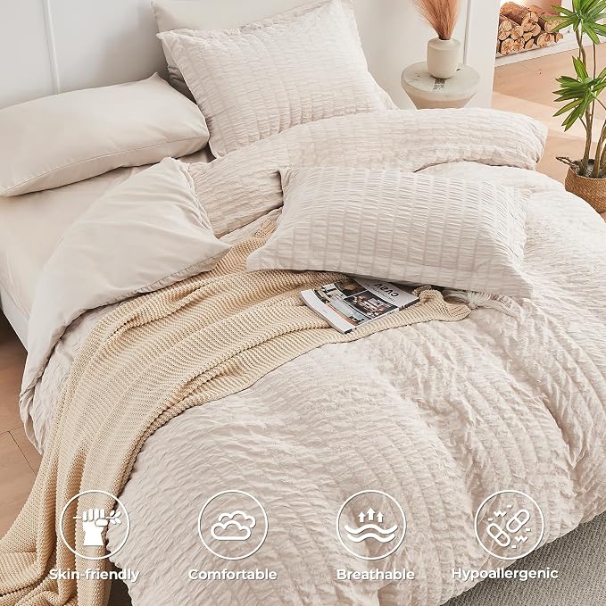 HYMOKEGE Beige Twin XL Comforter Set Seersucker 5 Pieces, All Season Luxury Bed - Image 4