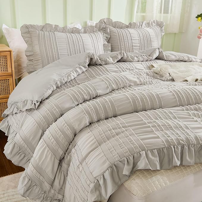 WONGS BEDDING Grey Textured Comforter Set Queen, 3 Pieces Ruffle Farmhouse - Image 5
