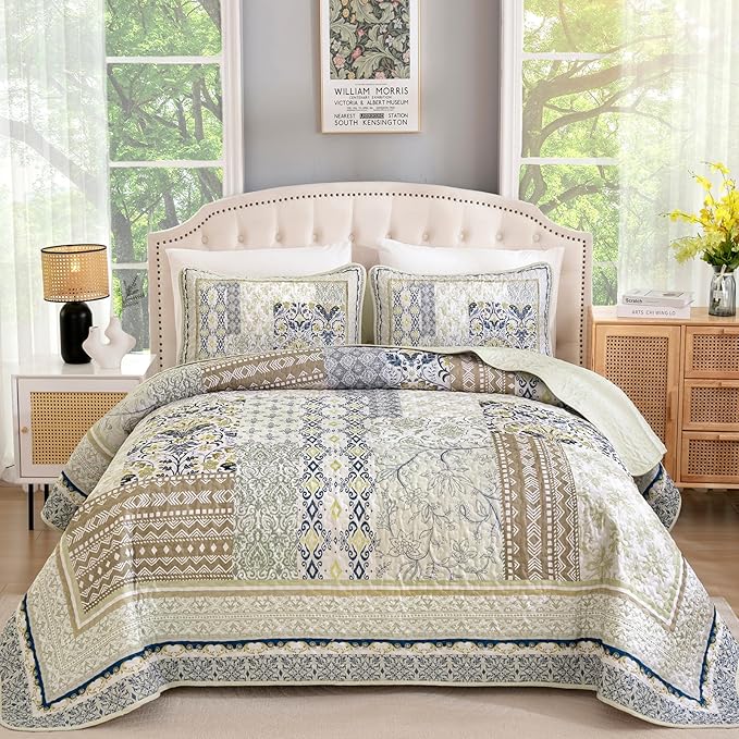 WONGS BEDDING Boho Quilt Set Queen, 3 Pieces Beige Patchwork Bedspread Coverlet by WONGSBEDDING