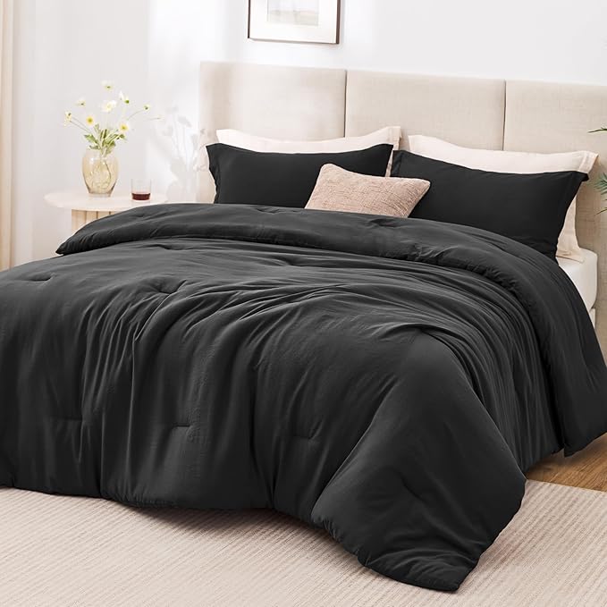 Love's cabin Black Full Comforter Set, 3-Piece Prewashed Bed Set by Lovescabin