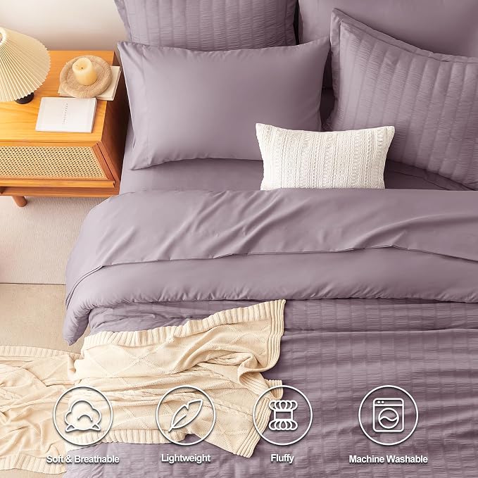 CozyLux Queen Comforter Set Dusty Purple Seersucker 7 Pieces Bed in a Bag Queen - Image 2