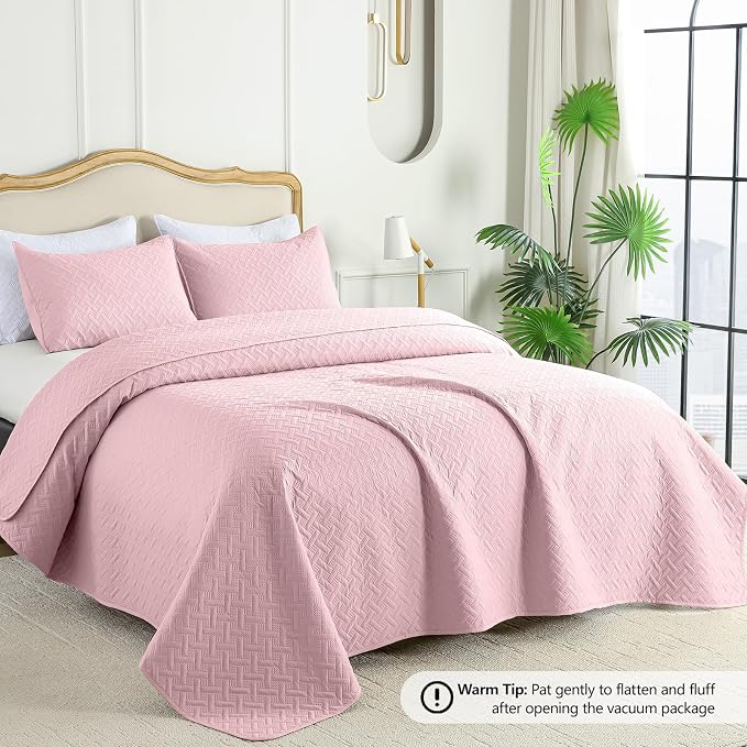 FLYMME King Size Quilt Bedding Set Pink Lightweight Bedspreads Set, Modern - Image 2