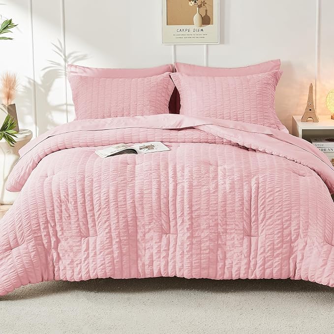 HYMOKEGE Pink Queen Comforter Set Seersucker 7 Pieces, All Season Luxury Bed in - Image 9