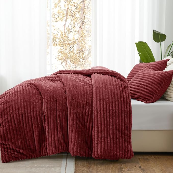 BEDELITE Fleece King Comforter Set -Super Soft & Warm Fluffy Burgundy Bedding - Image 2