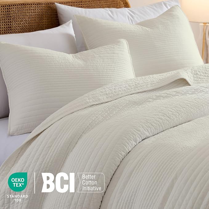 palassio Striped Beige 100% Cotton Quilt King Size Bedding Sets, Lightweight - Image 3
