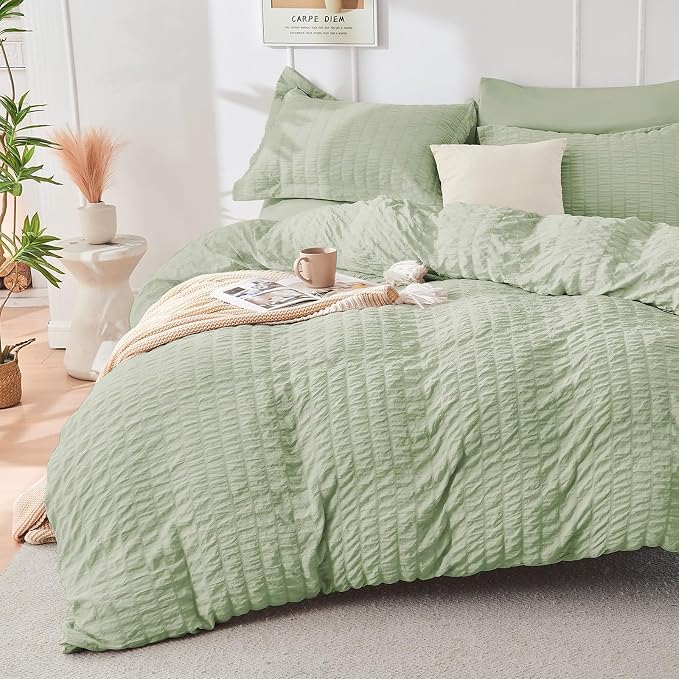 HYMOKEGE Light Green California King Comforter Set Seersucker 7 Pieces - Image 2