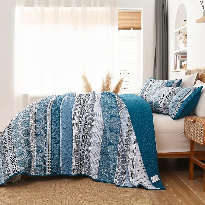 WONGS BEDDING Boho Quilt Set King Size, Teal Blue Bohemian 3 Pieces Quilt Sets - Image 4