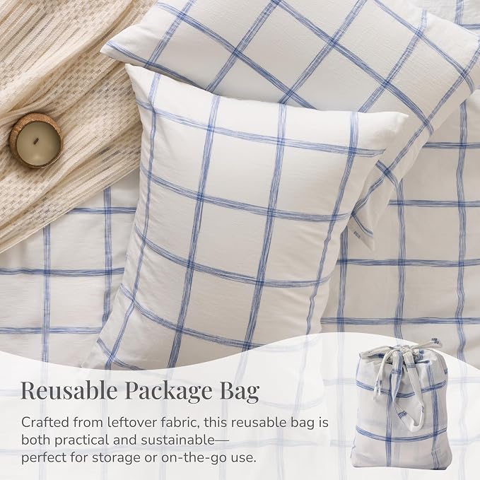 Blue Plaid Duvet Cover Queen Size, 100% Soft Washed Cotton Queen Duvet Cover - Image 8