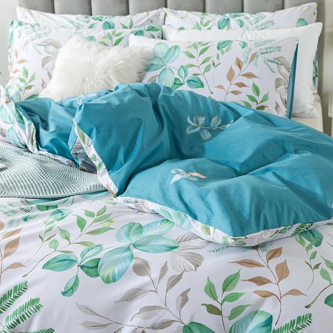FADFAY Botanical Duvet Cover Sets King/Cal King Size 100% Cotton Teal Green - Image 8