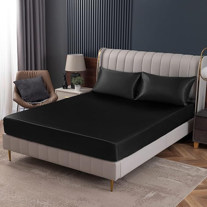 Homiest Black Satin Fitted Sheet Twin Size, Deep Pocket, Luxury & Ultra Soft by Homiest