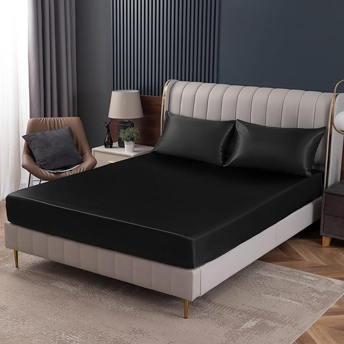 Homiest Black Satin Fitted Sheet King Size, Deep Pocket, Luxury & Ultra Soft by Homiest