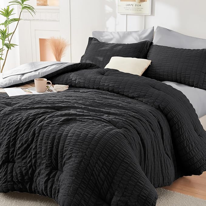 HYMOKEGE Black/Light Grey Twin Comforter Set Seersucker 5 Pieces, All Season by HYMOKEGE