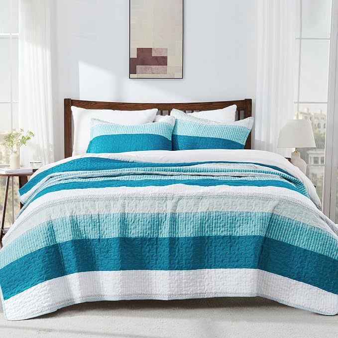 Andency Teal and White Striped Quilt Set Cal King, 3 Pieces Patchwork Bedspread - Image 8