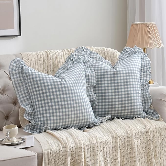 2 Pack Blue White Plaid Ruffle Throw Pillow Covers Farmhouse Checkered Chic by Qilunn