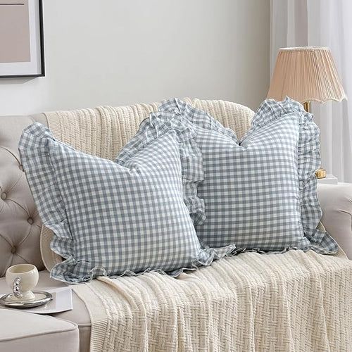 2 Pack Blue White Plaid Ruffle Throw Pillow Covers Farmhouse Checkered Chic by Qilunn