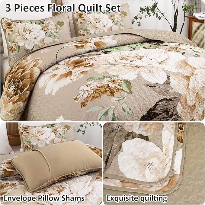 WONGS BEDDING Floral Quilt Set Khaki King, 3 Pieces Botanical Quilted Printed - Image 5