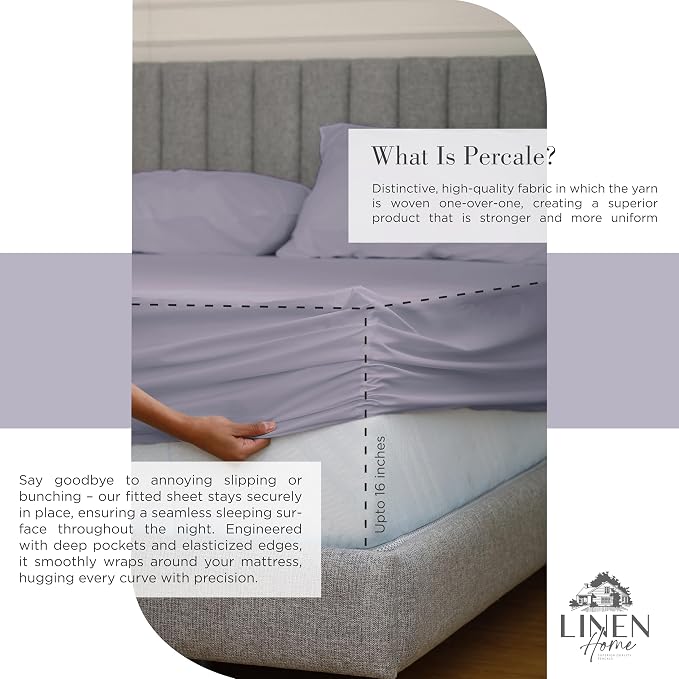 Linen Home 100% Cotton Percale Sheets King Size, Prelude Purple, Deep Pocket - Image 4