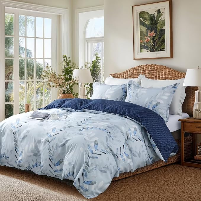 OAITE Duvet Cover King Size, Reversible Leaf Blue Duvet Cover Set - Image 3