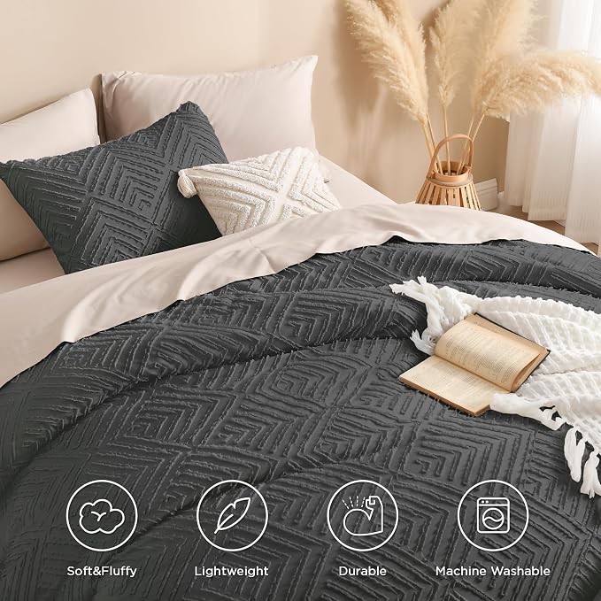 Andency Dark Grey California King Comforter Set, 3 Pieces Gray Boho Bedding Set - Image 4