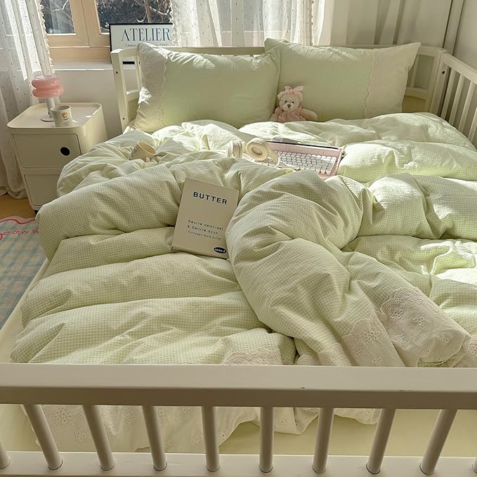 MKXI Mint Green Gingham Duvet Cover Set King - Image 3