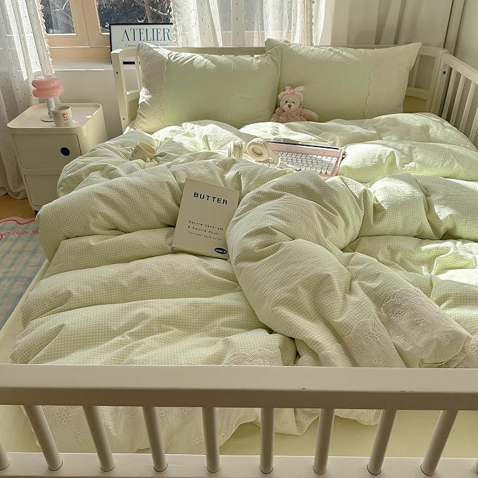 MKXI Mint Green Gingham Duvet Cover Set Queen - Image 3