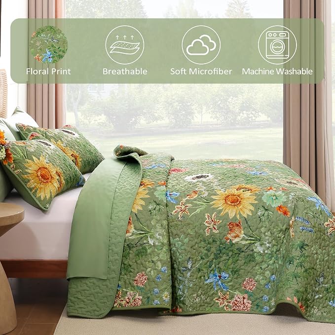 Yiran Floral Quilts Queen Size, 3 Pieces Spring Summer Sunflower Soft - Image 6