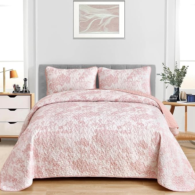 WONGS BEDDING Quilt Set Queen Size, 3 Pieces Pink Floral Plants Printed - Image 2