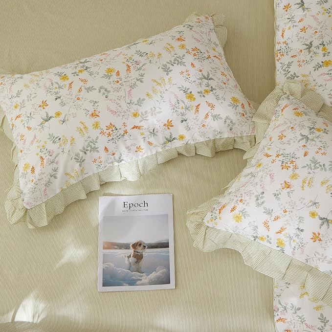 mixinni 100% Cotton Duvet Cover Set Twin, Reversible Spring Floral Ruffle Green - Image 6