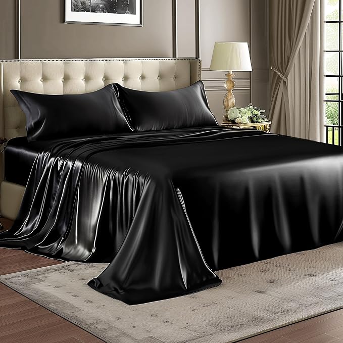BEDELITE Satin Sheets Full Size Bed Set, Luxury Soft Black Silky Sheets - Image 8