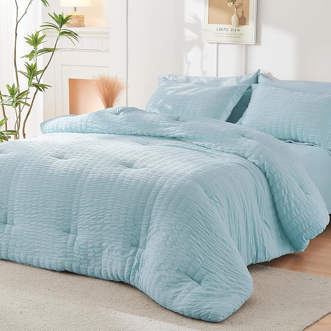 HYMOKEGE Lake Blue Full Size Comforter Sets Seersucker 7 Pieces, All Season - Image 8