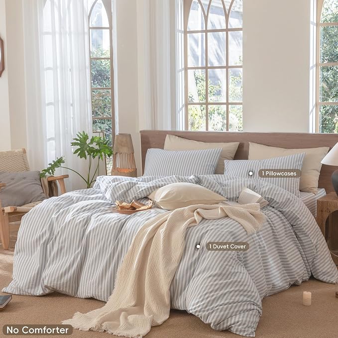 MooMee Striped Duvet Cover Set 100% Washed Cotton Linen Like Textured - Image 2