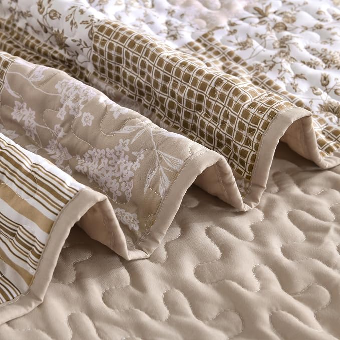 Mybedsoul Beige Boho Quilt Set Queen Size, 3 Pieces Plaid Floral Bedspread Set - Image 7