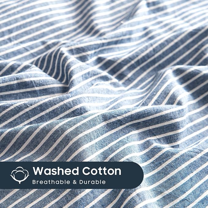 Wake In Cloud - Striped Cotton Duvet Cover Set, 100% Washed Cotton Textured - Image 6