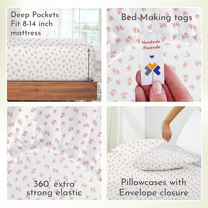 California Design Den King Floral Sheet Set, 100% Cotton Sateen Sheets - Image 7